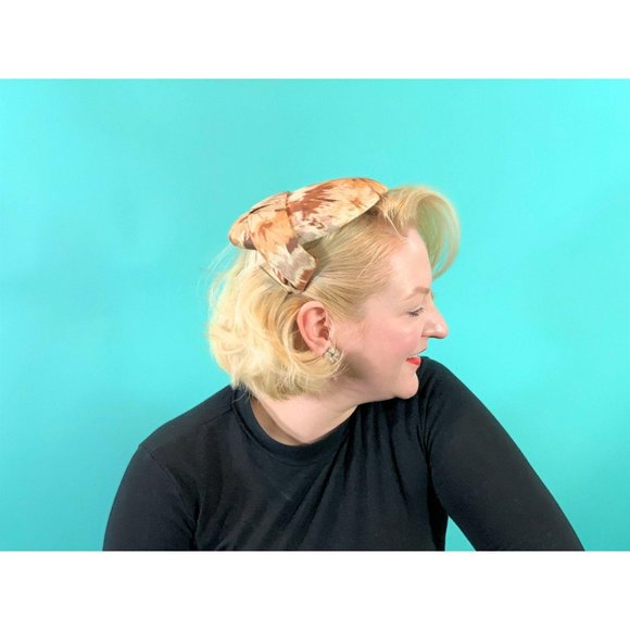 Vintage 1950s Floral Cap Brown Printed Round Hat - Picture 8 of 10